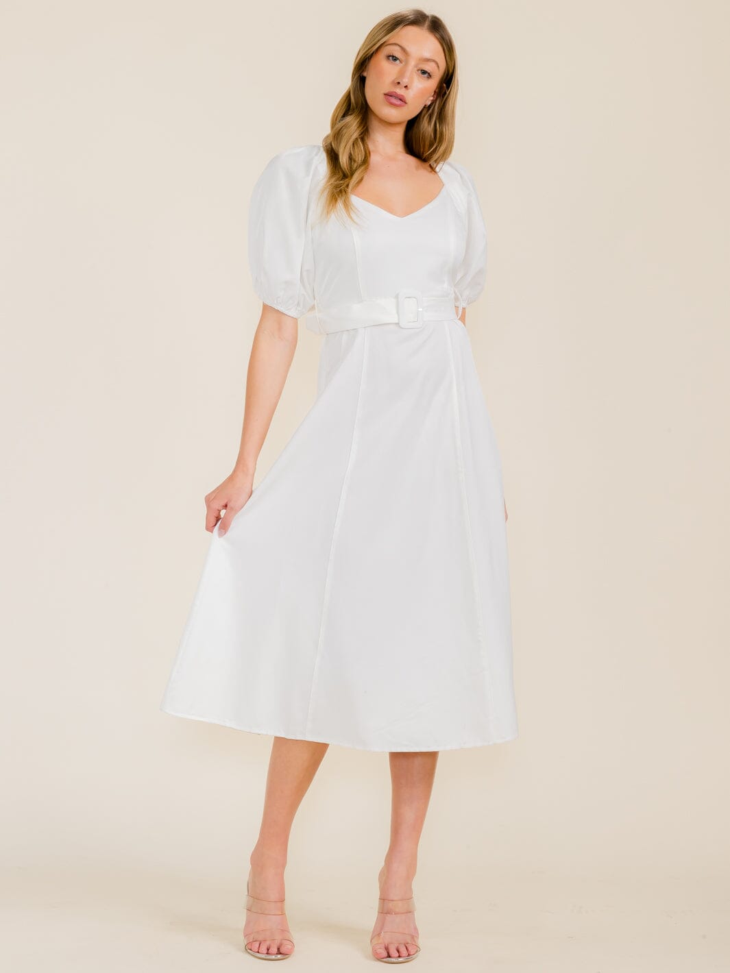 WOMEN'S SHORT PUFF SLEEVE BELTED MIDI DRESS