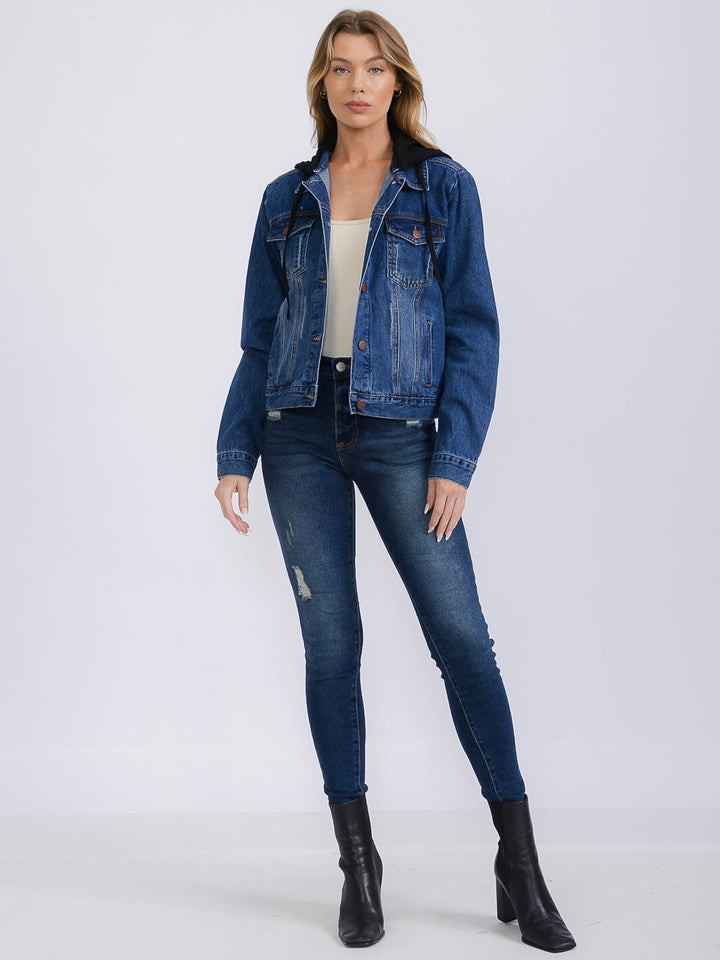 WOMEN'S LONG SLEEVE BUTTON UP REMOVABLE HOODIE DENIM JACKET
