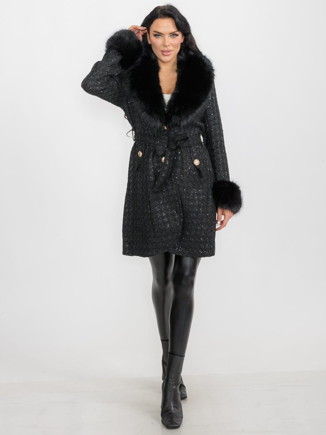WOMEN'S LONG SLEEVE BUTTON CLOSURE FRONT POCKETS REMOVABLE COLLAR TWEED SEQUINS COAT