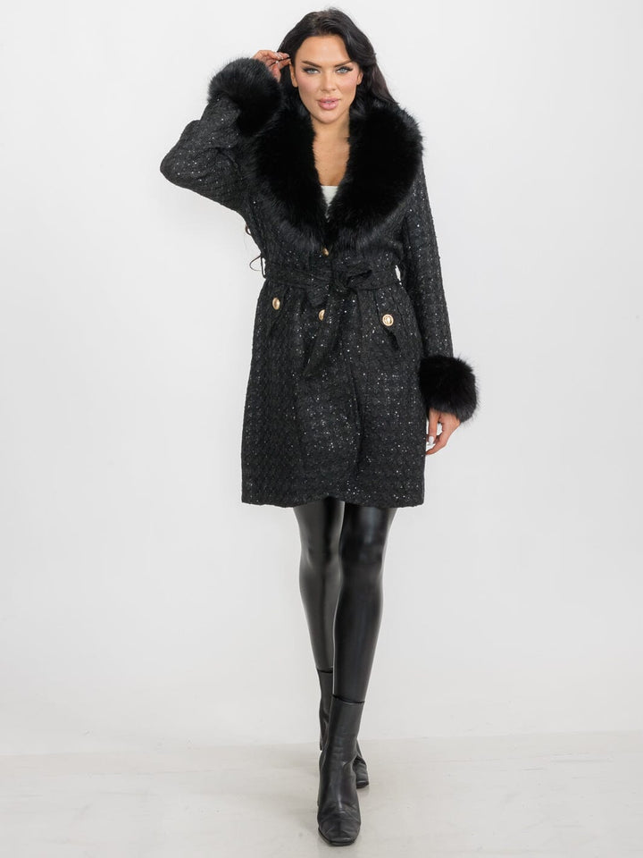 WOMEN'S LONG SLEEVE BUTTON CLOSURE FRONT POCKETS REMOVABLE COLLAR TWEED SEQUINS COAT