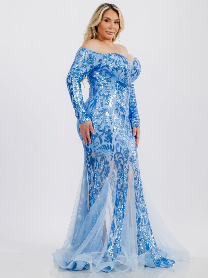 PLUS SIZE LONG SLEEVE V-NECK BODYCON SEQUINS MAXI GOWN DRESS