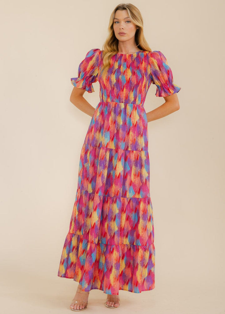 WOMEN'S SHORT SLEEVE FRONT POCKETS TIERED COLORBLOCK MAXI DRESS