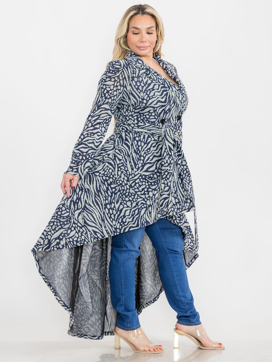PLUS SIZE LONG SLEEVE BUTTON CLOSURE POCKETS PRINTED HIGH-LOW COAT