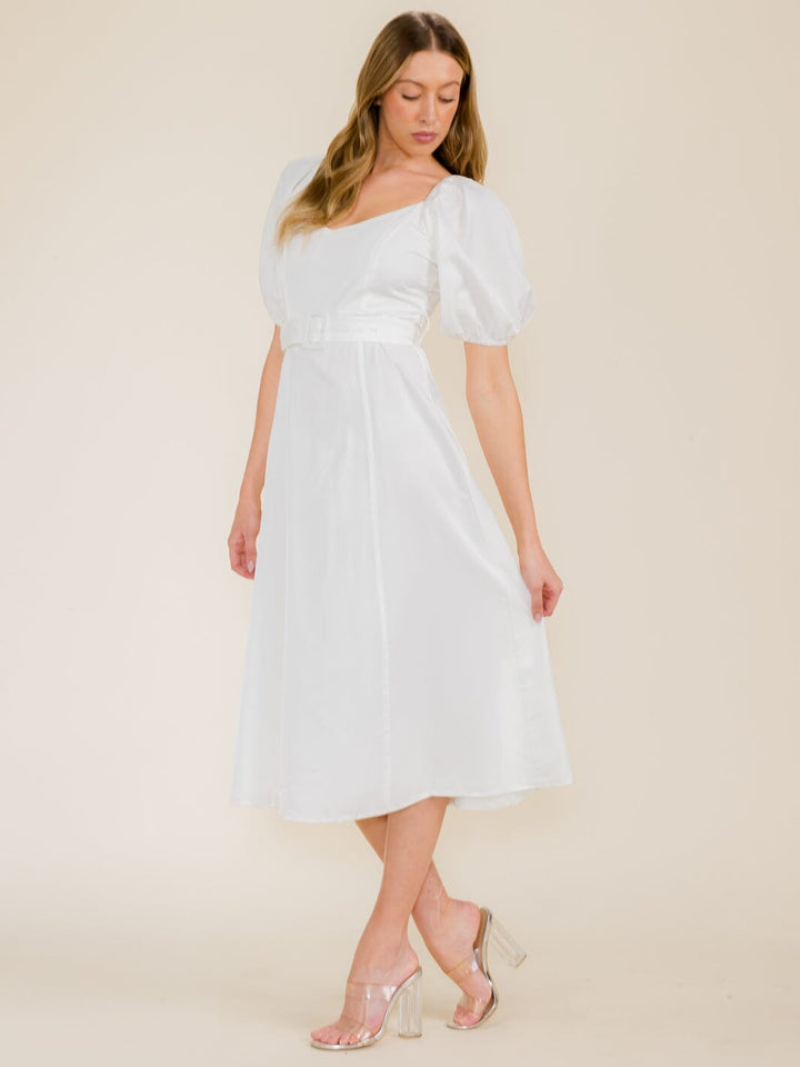 WOMEN'S SHORT PUFF SLEEVE BELTED MIDI DRESS