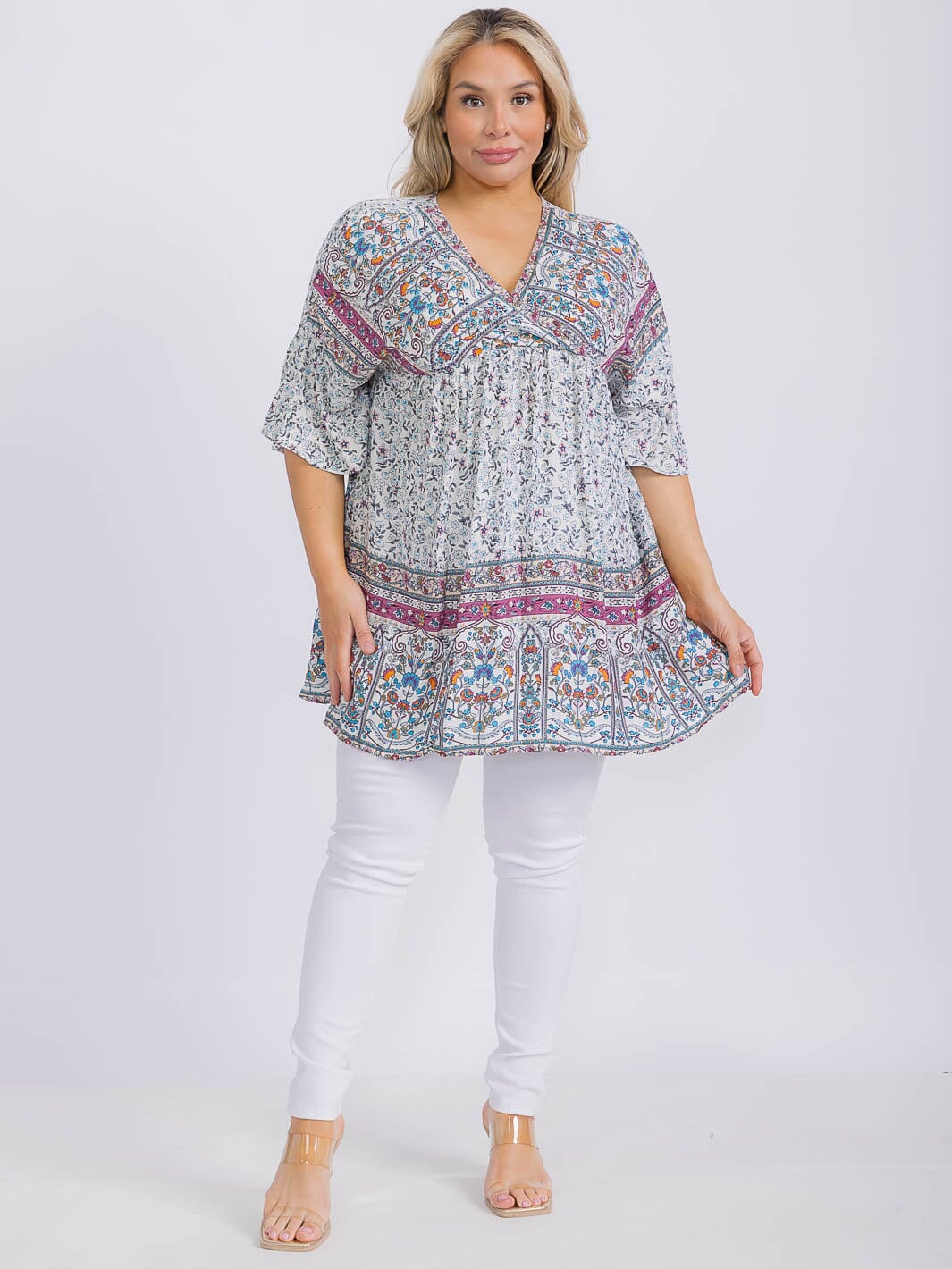 PLUS SIZE LONG SLEEVE FLORAL BOARDER PRINT TUNIC
