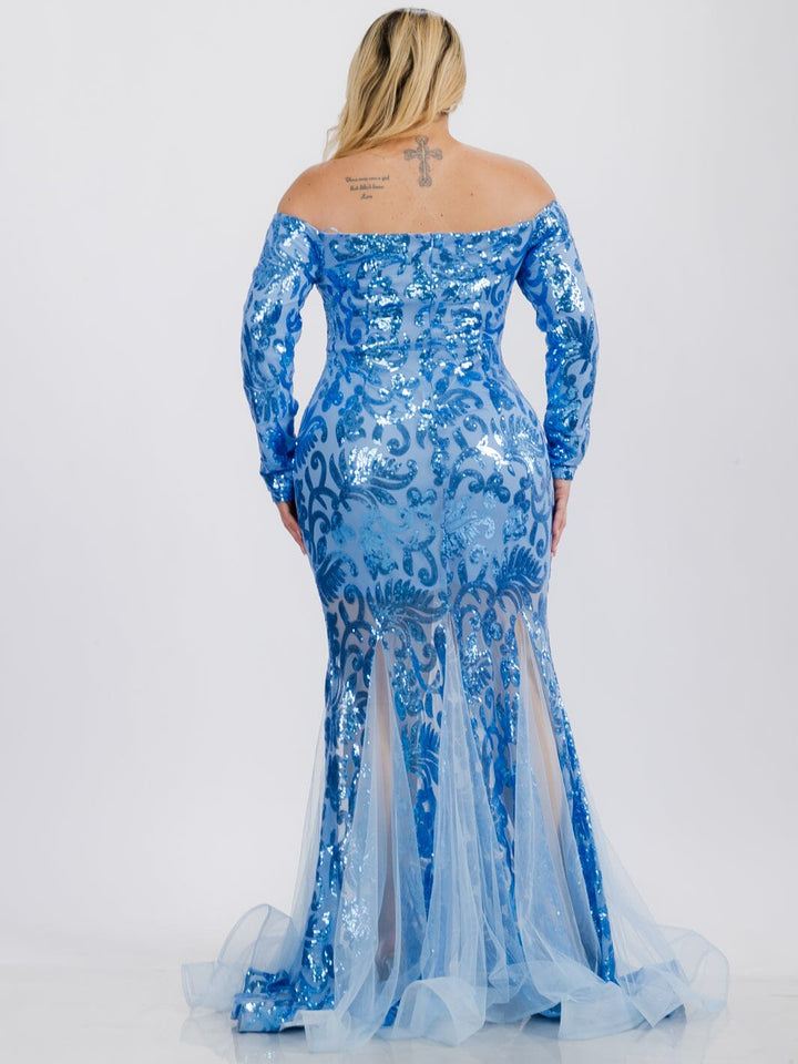 PLUS SIZE LONG SLEEVE V-NECK BODYCON SEQUINS MAXI GOWN DRESS