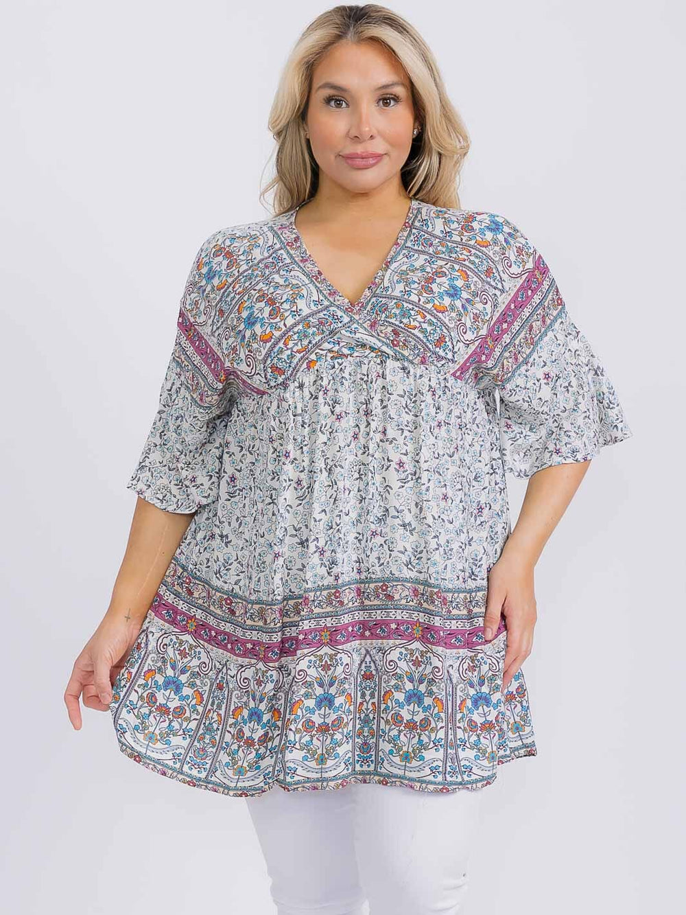 PLUS SIZE LONG SLEEVE FLORAL BOARDER PRINT TUNIC