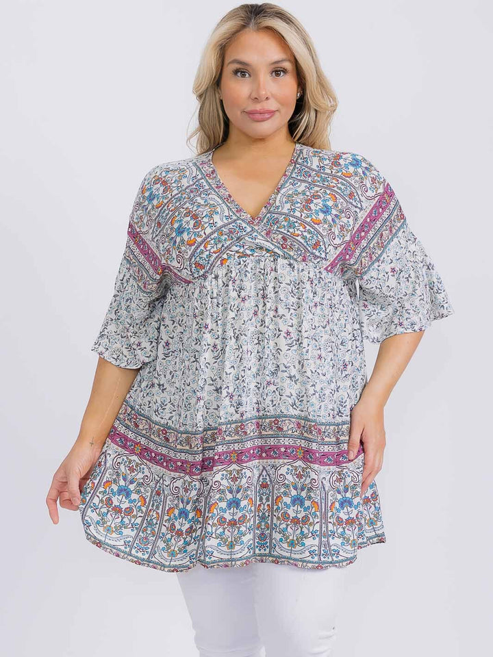 PLUS SIZE LONG SLEEVE FLORAL BOARDER PRINT TUNIC