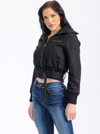 WOMEN'S LONG SLEEVE ZIPPER CLOSURE POCKETS BELTED JACKET