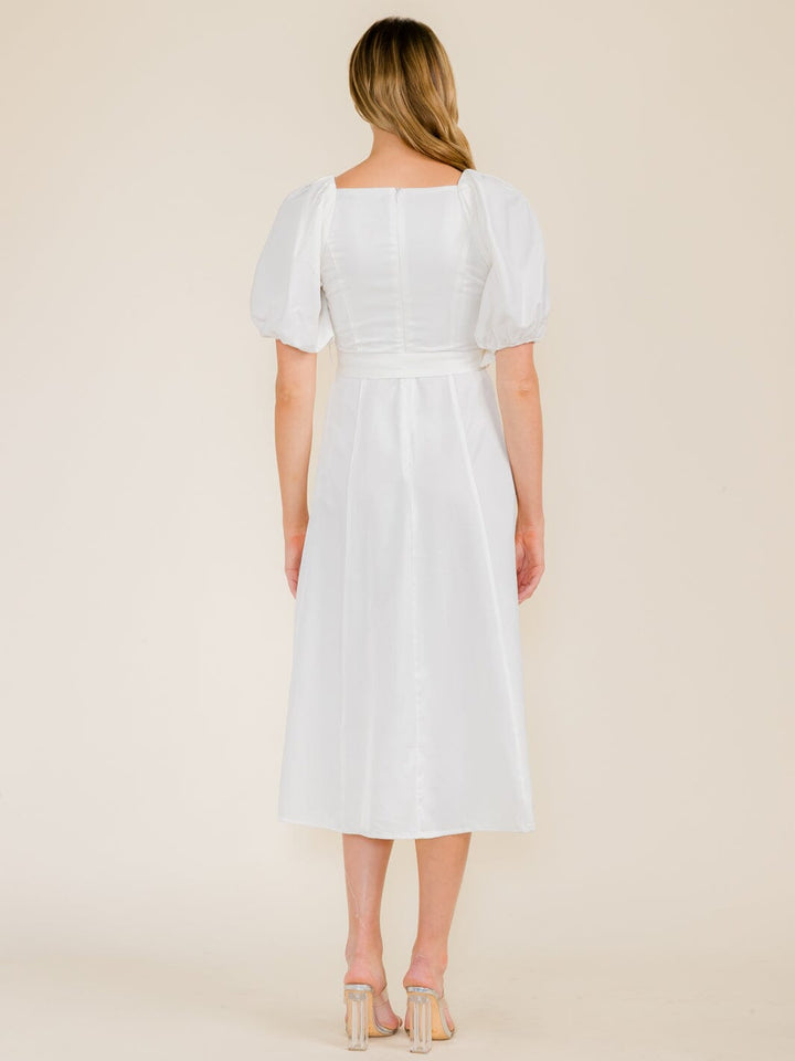 WOMEN'S SHORT PUFF SLEEVE BELTED MIDI DRESS