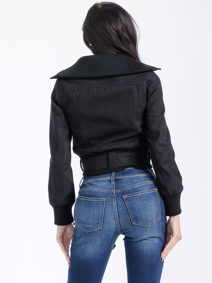 WOMEN'S LONG SLEEVE ZIPPER CLOSURE POCKETS BELTED JACKET
