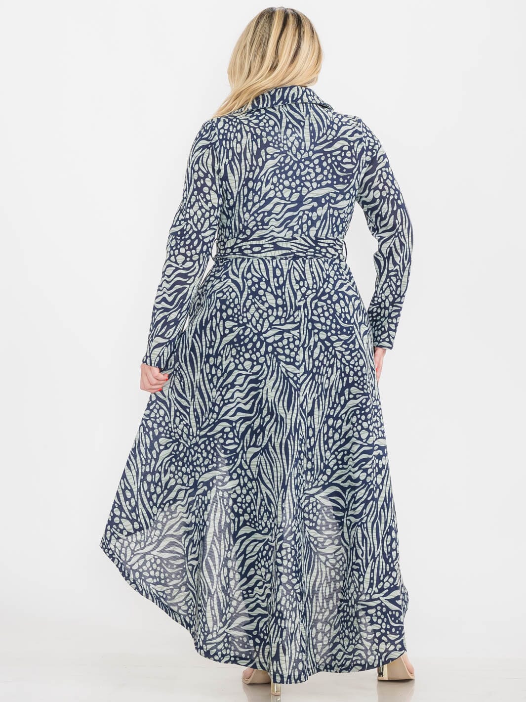 PLUS SIZE LONG SLEEVE BUTTON CLOSURE POCKETS PRINTED HIGH-LOW COAT