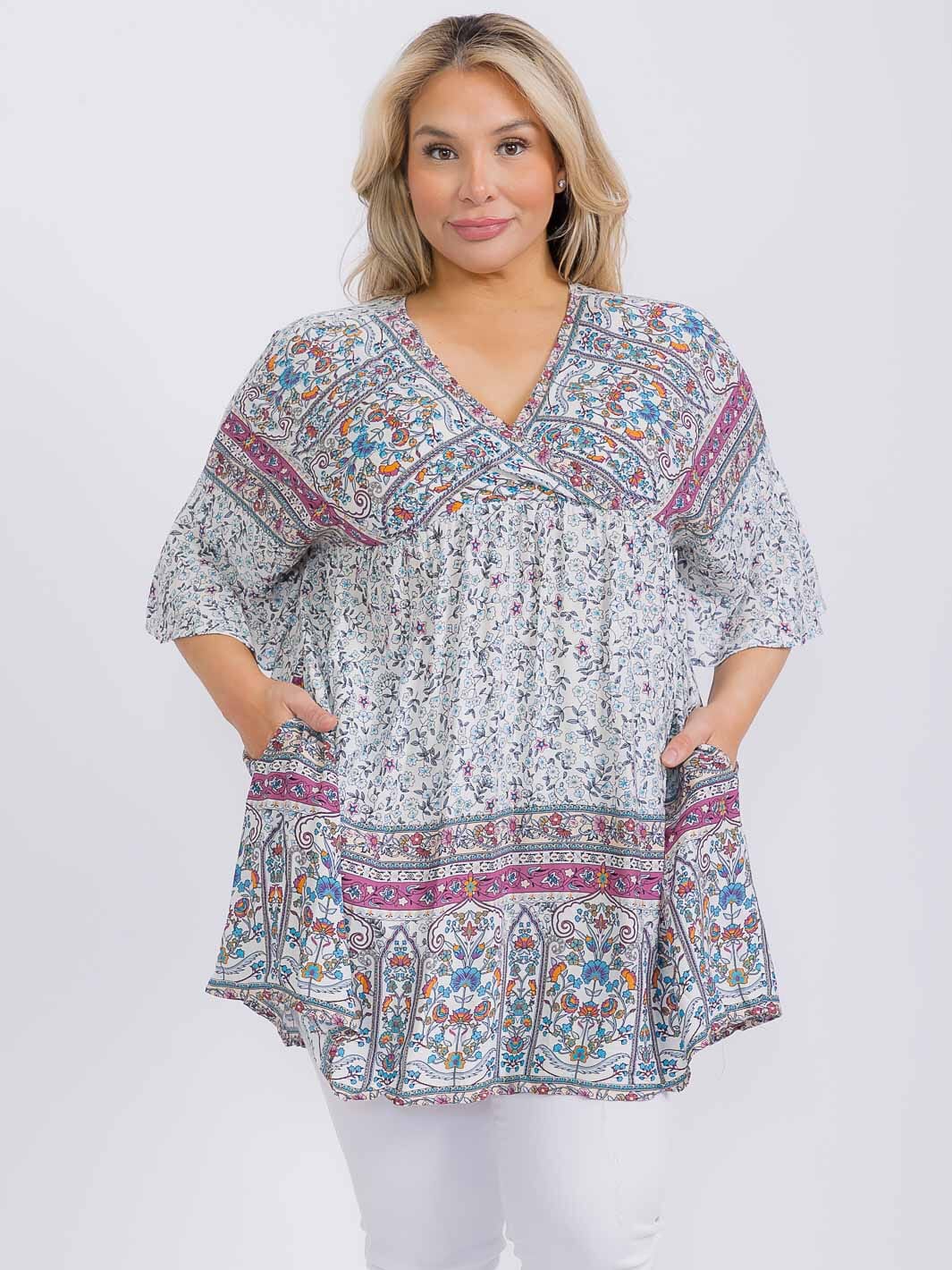 PLUS SIZE LONG SLEEVE FLORAL BOARDER PRINT TUNIC