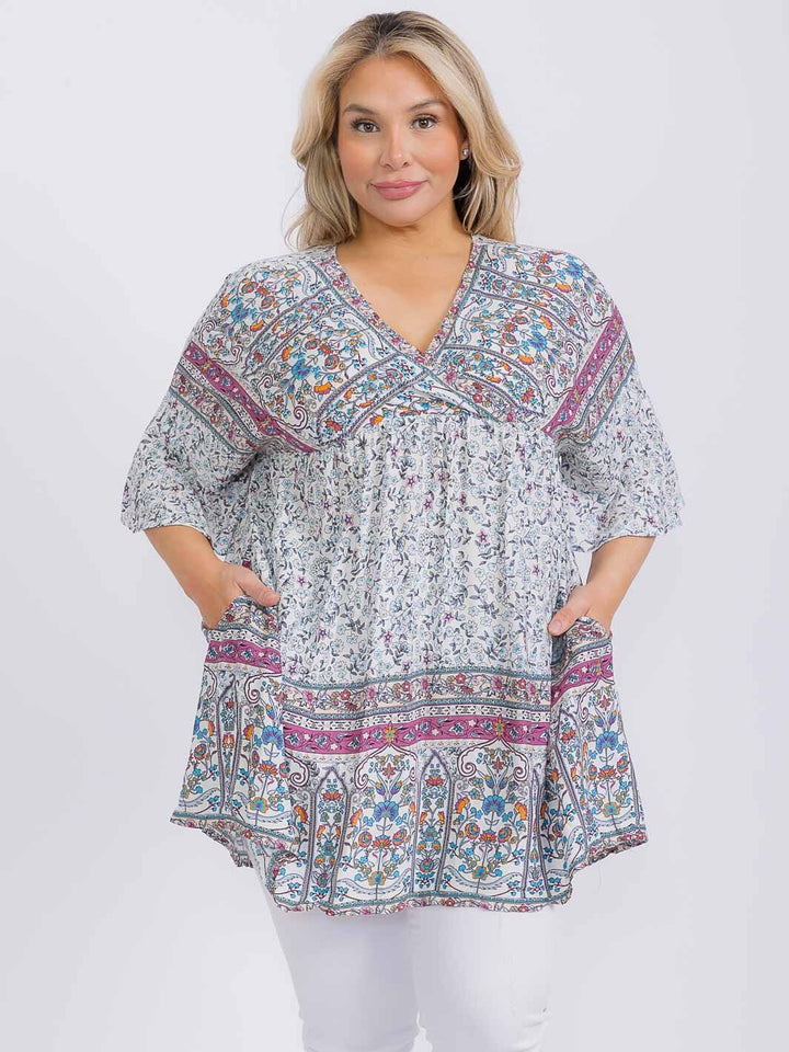 PLUS SIZE LONG SLEEVE FLORAL BOARDER PRINT TUNIC