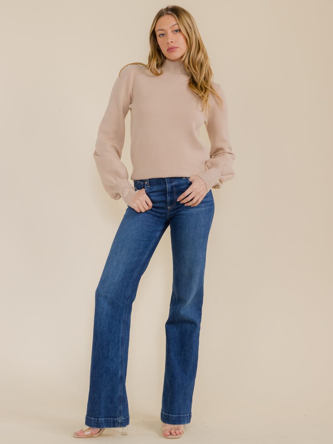 WOMEN'S LONG PUFF SLEEVE MOCK NECK BLOUSE