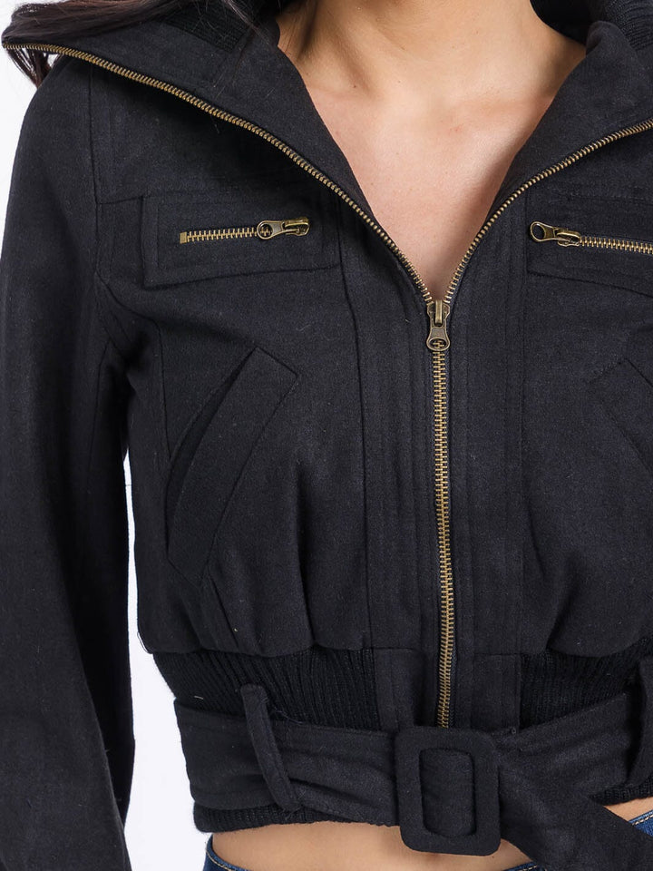 WOMEN'S LONG SLEEVE ZIPPER CLOSURE POCKETS BELTED JACKET