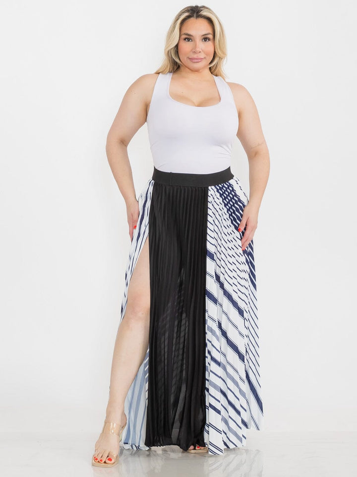 PLUS SIZE ELASTIC WAIST FRONT SLIT PLEATED PRINT MAXI SKIRT