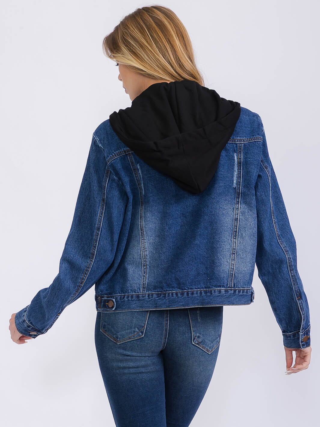 WOMEN'S LONG SLEEVE BUTTON UP REMOVABLE HOODIE DENIM JACKET