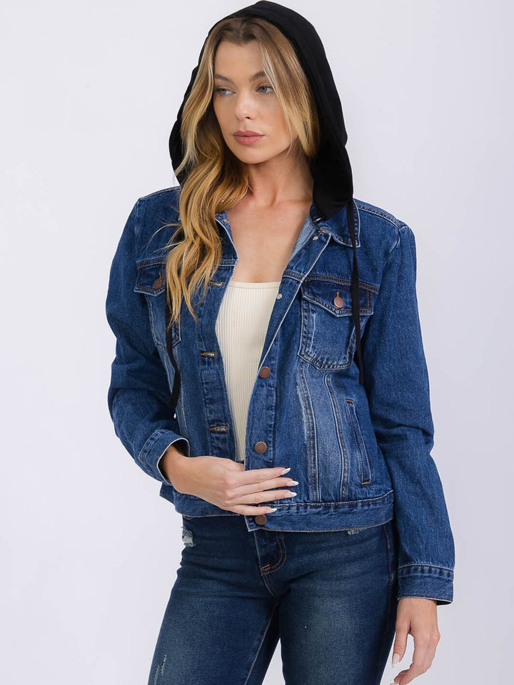 WOMEN'S LONG SLEEVE BUTTON UP REMOVABLE HOODIE DENIM JACKET