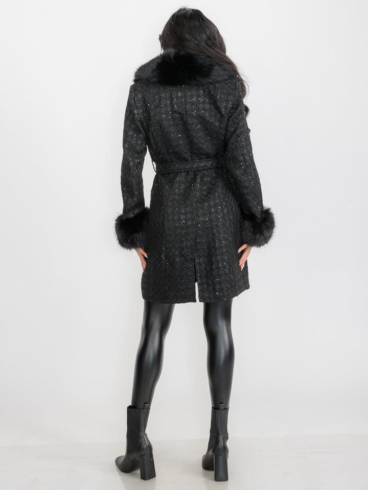 WOMEN'S LONG SLEEVE BUTTON CLOSURE FRONT POCKETS REMOVABLE COLLAR TWEED SEQUINS COAT