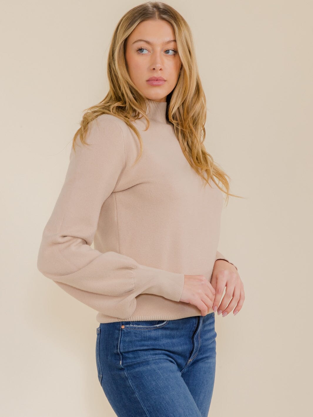 WOMEN'S LONG PUFF SLEEVE MOCK NECK BLOUSE