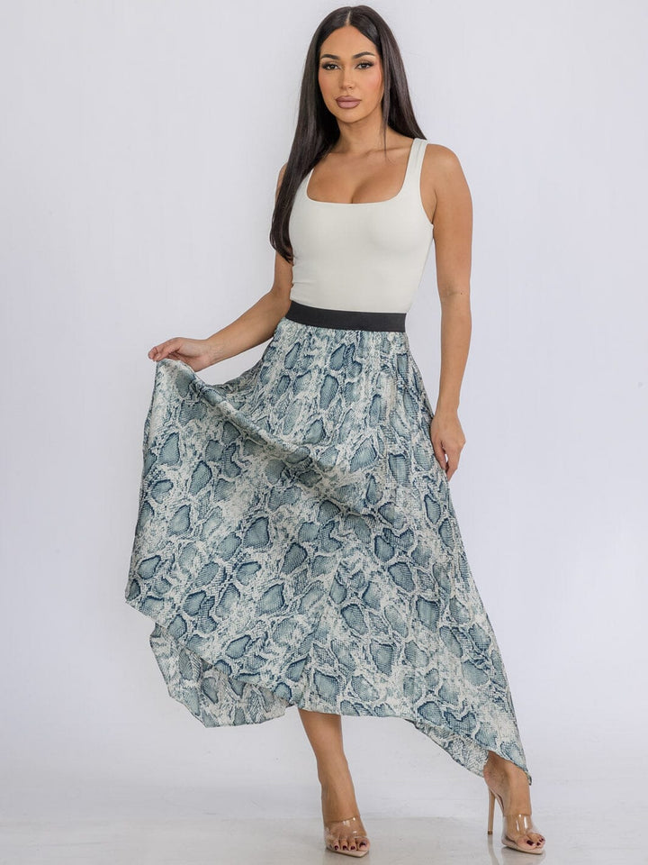 WOMEN'S ELASTIC WAIST SLIT PLEATED ANIMAL PRINT MAXI SKIRT