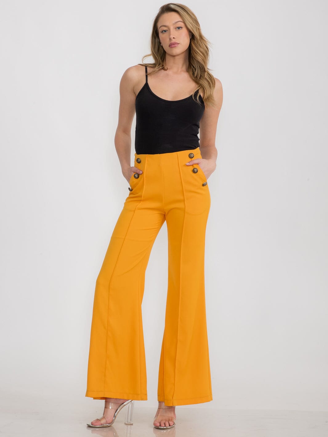 WOMEN'S ZIPPER CLOSURE FRONT POCKETS BUTTONS DETAILED BELL LEGS PANTS