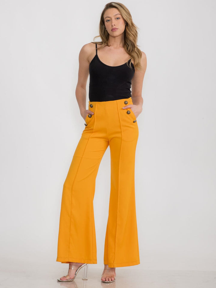 WOMEN'S ZIPPER CLOSURE FRONT POCKETS BUTTONS DETAILED BELL LEGS PANTS