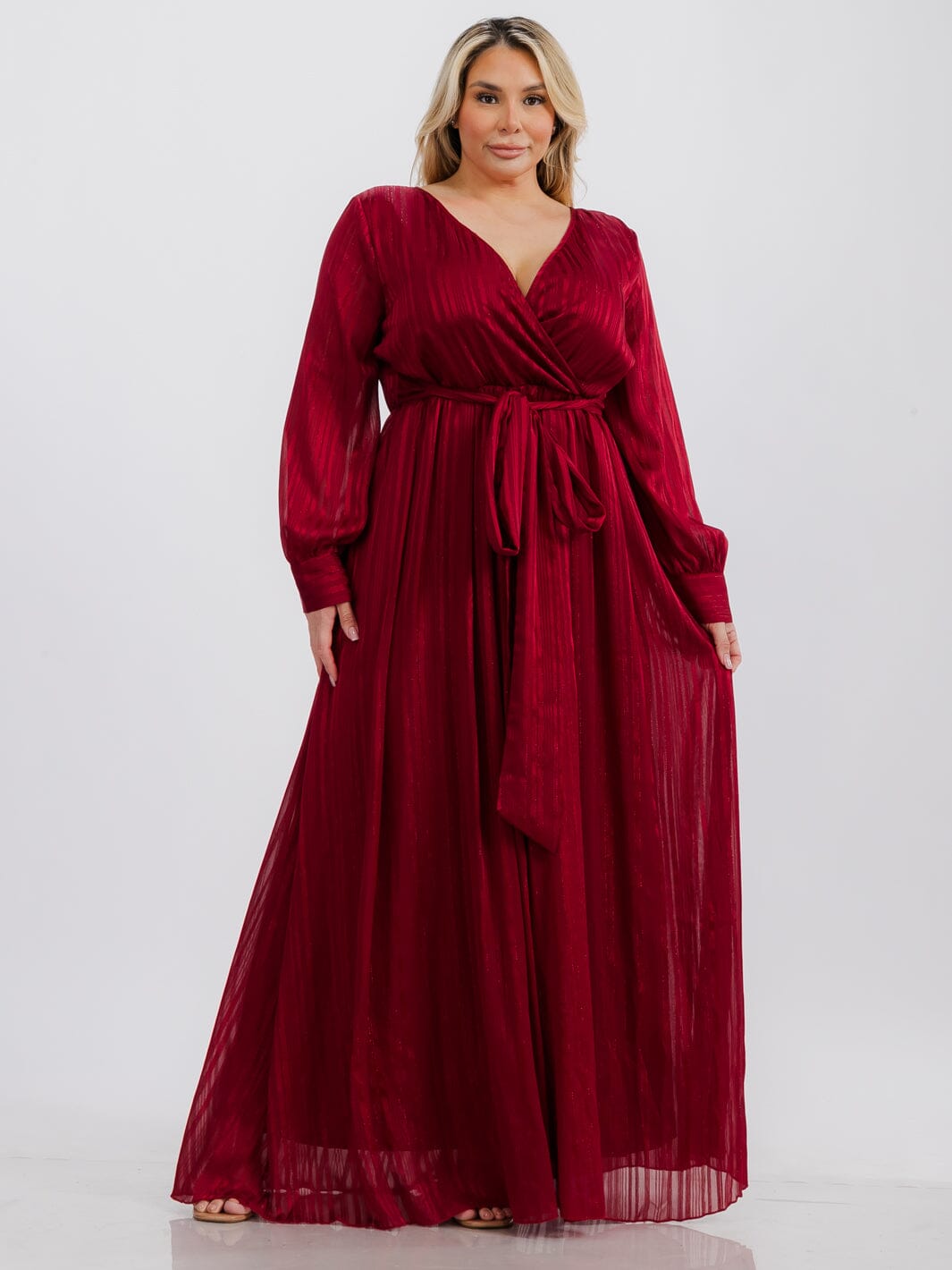 PLUS SIZE LONG SLEEVE SURPLICE SELF TIE SHIMMER MAXI DRESS