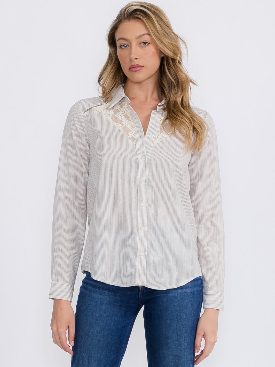 WOMEN'S LONG SLEEVE BUTTON CLOSURE LACE STRIPES BLOUSE