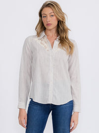 WOMEN'S LONG SLEEVE BUTTON CLOSURE LACE STRIPES BLOUSE