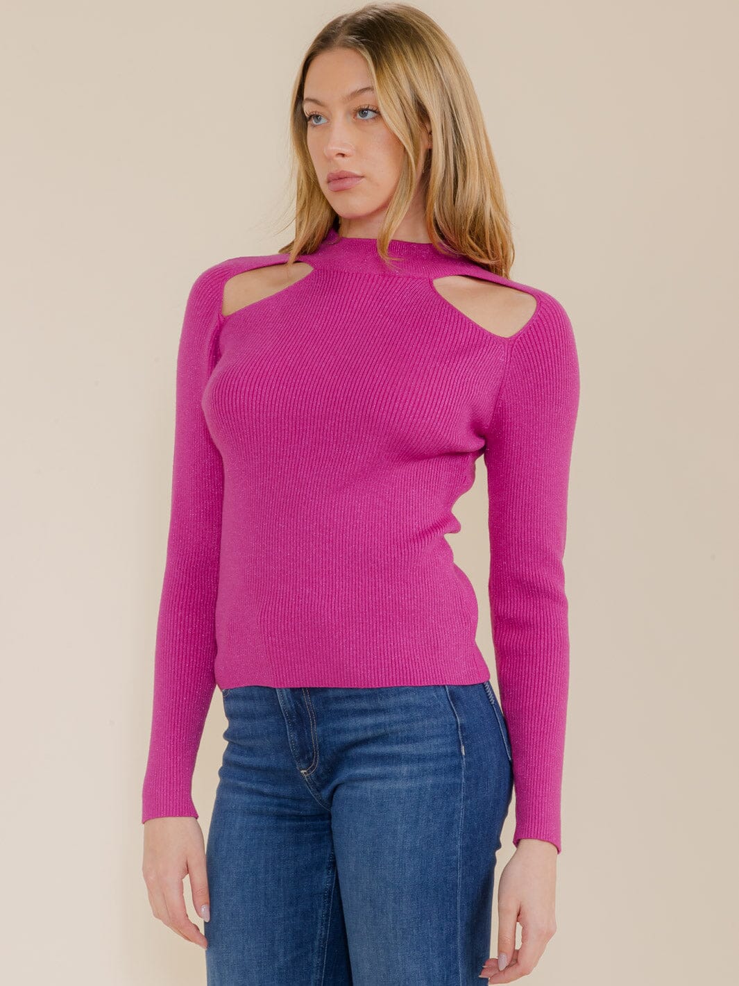 WOMEN'S LONG SLEEVE CUT OUT SHIMMER RIBBED BLOUSE