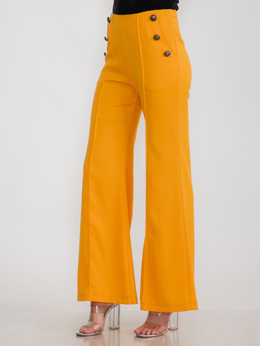 WOMEN'S ZIPPER CLOSURE FRONT POCKETS BUTTONS DETAILED BELL LEGS PANTS