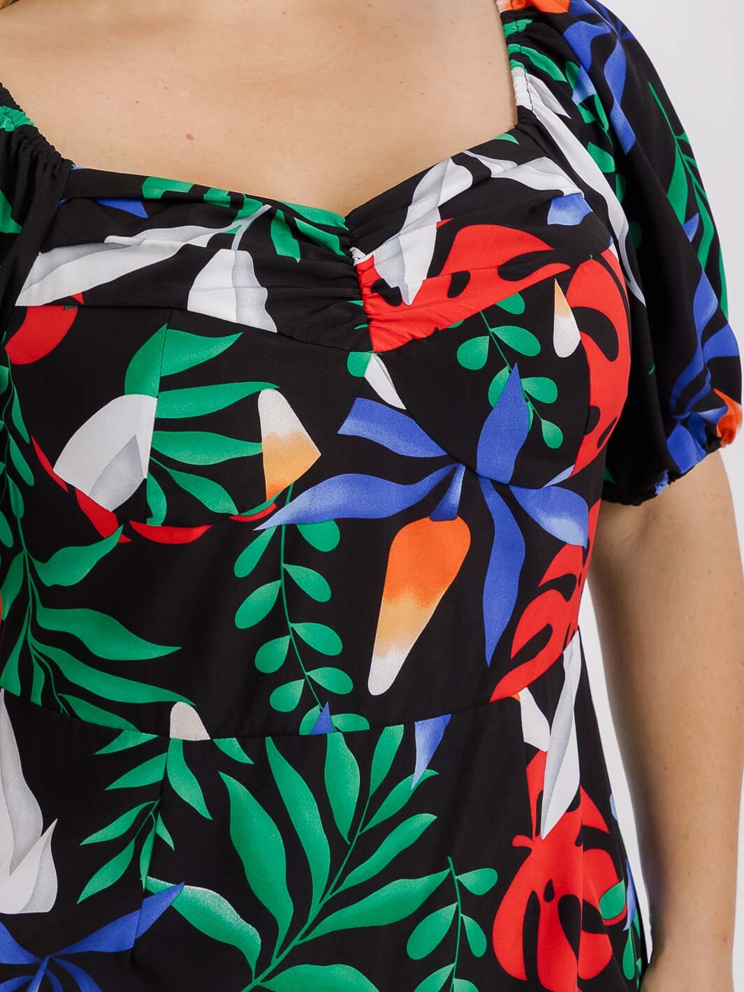 PLUS SIZE SHORT PUFF SLEEVE BACK RUCHED FLORAL MIDI DRESS