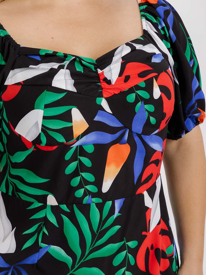 PLUS SIZE SHORT PUFF SLEEVE BACK RUCHED FLORAL MIDI DRESS