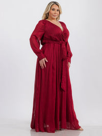 PLUS SIZE LONG SLEEVE SURPLICE SELF TIE SHIMMER MAXI DRESS