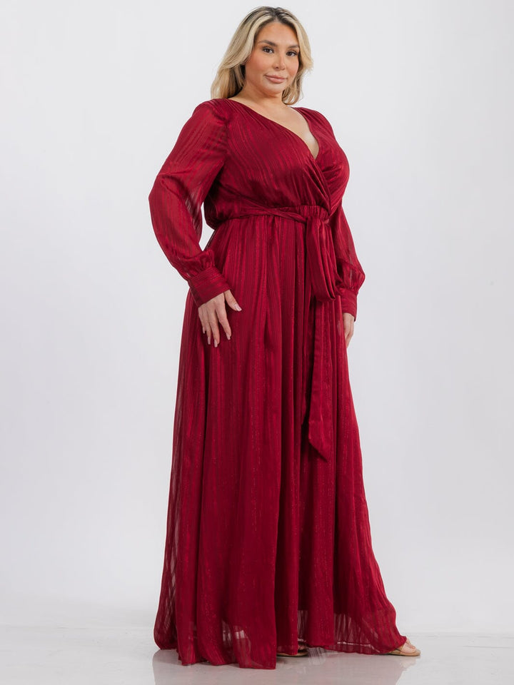 PLUS SIZE LONG SLEEVE SURPLICE SELF TIE SHIMMER MAXI DRESS