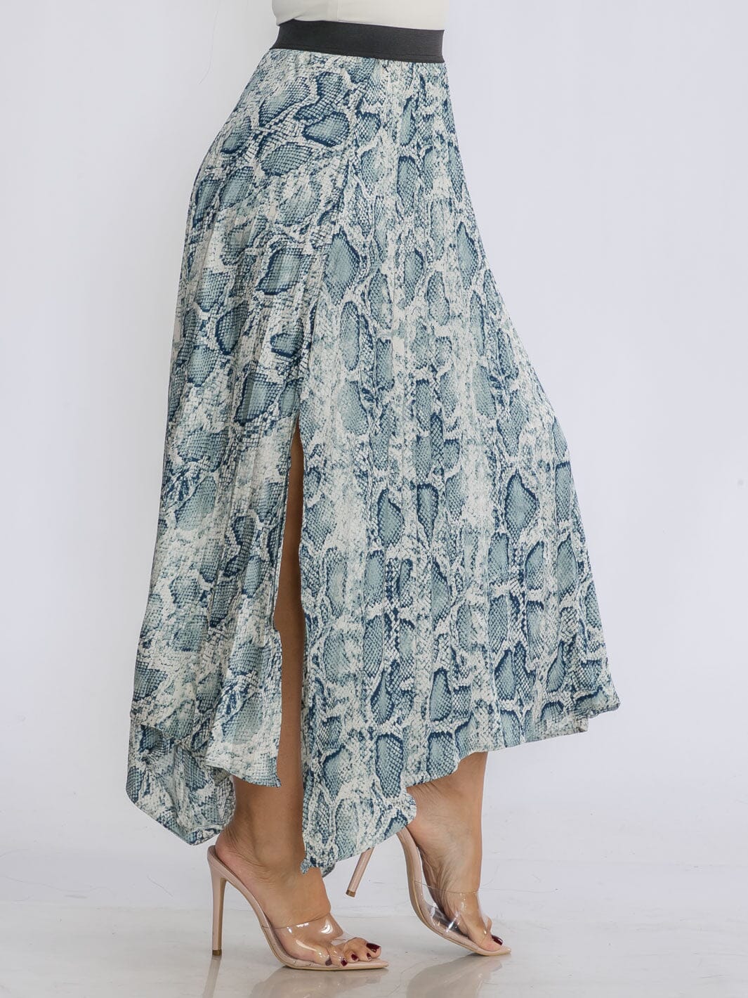 WOMEN'S ELASTIC WAIST SLIT PLEATED ANIMAL PRINT MAXI SKIRT