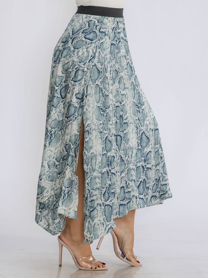 WOMEN'S ELASTIC WAIST SLIT PLEATED ANIMAL PRINT MAXI SKIRT
