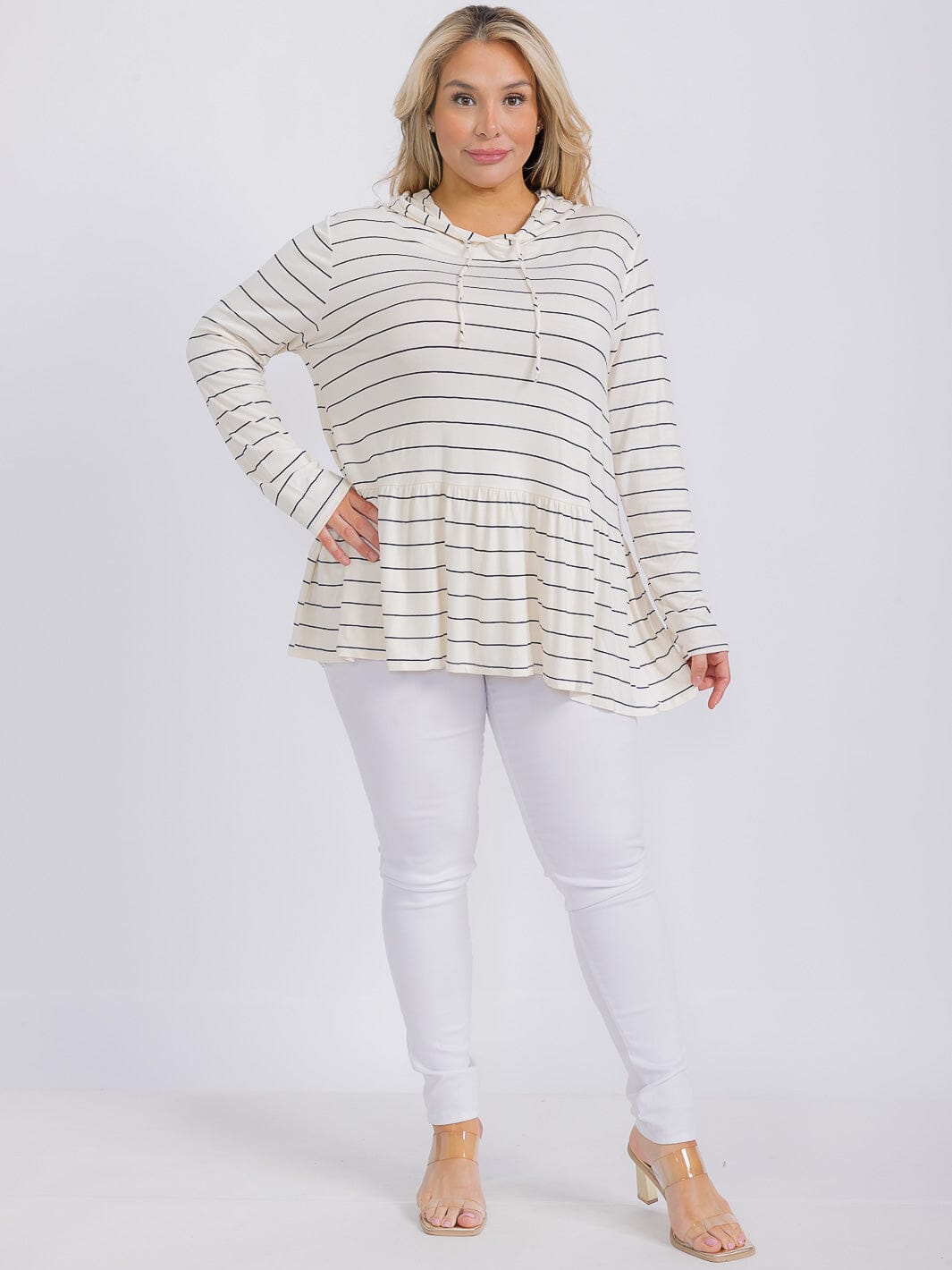 PLUS SIZE LONG SLEEVE HOODED STRIPES PEPLUM TOP