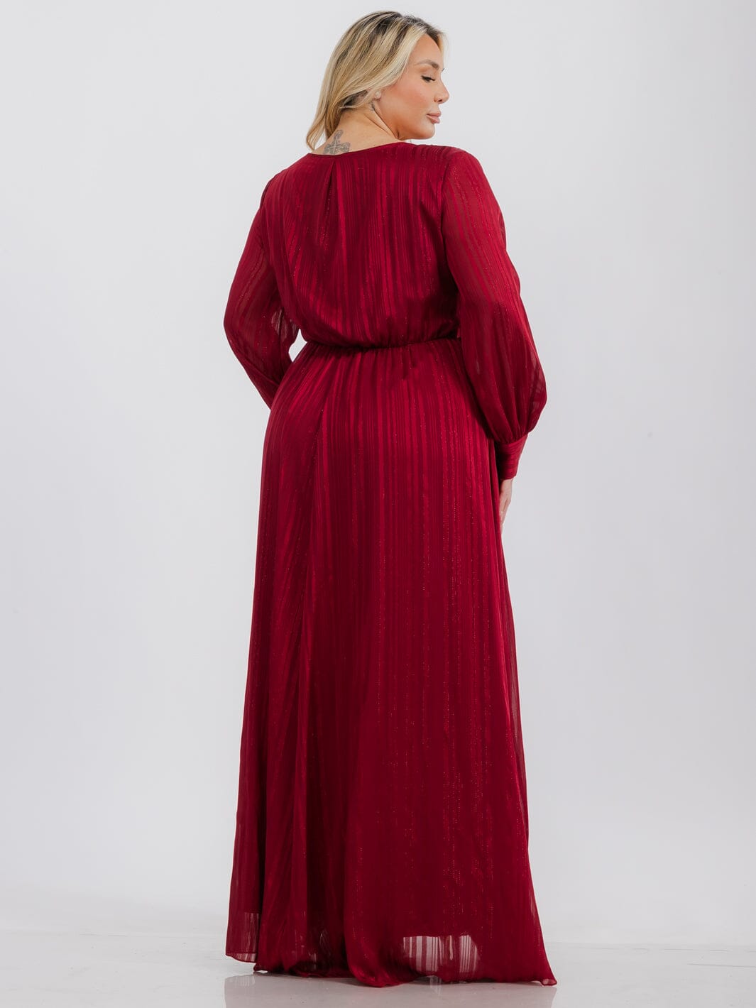 PLUS SIZE LONG SLEEVE SURPLICE SELF TIE SHIMMER MAXI DRESS