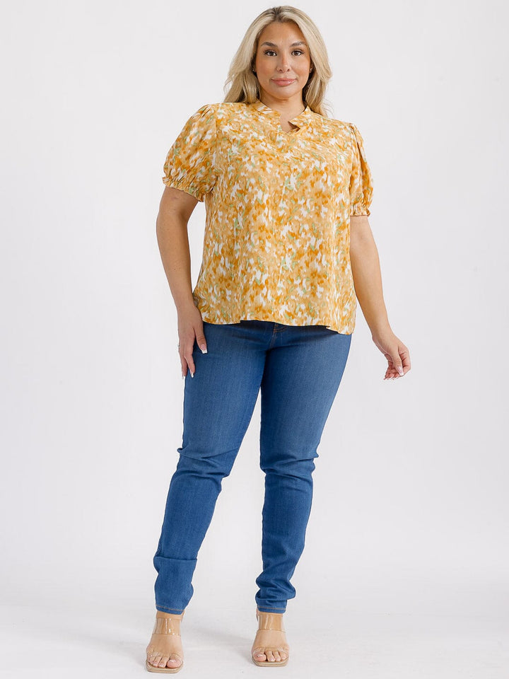 PLUS SIZE SHORT SLEEVES V-NECK FLORAL PRINT BLOUSE