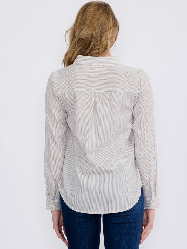 WOMEN'S LONG SLEEVE BUTTON CLOSURE LACE STRIPES BLOUSE