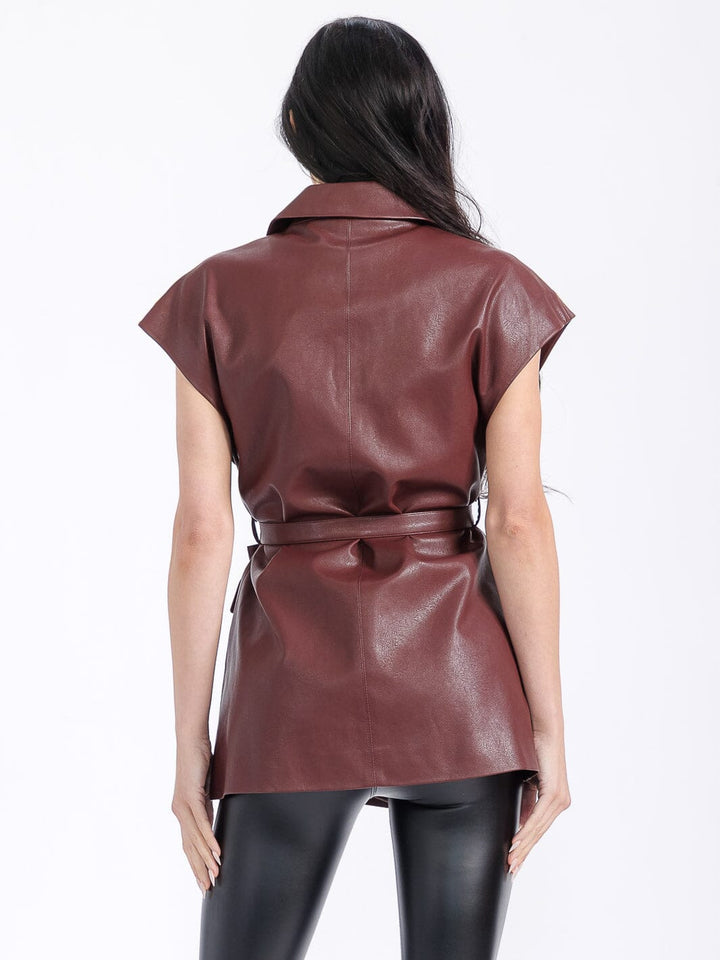 WOMEN'S SLEEVELESS BUTTON CLOSURE SELF TIE FRONT POCKETS PU PLEATHER VEST