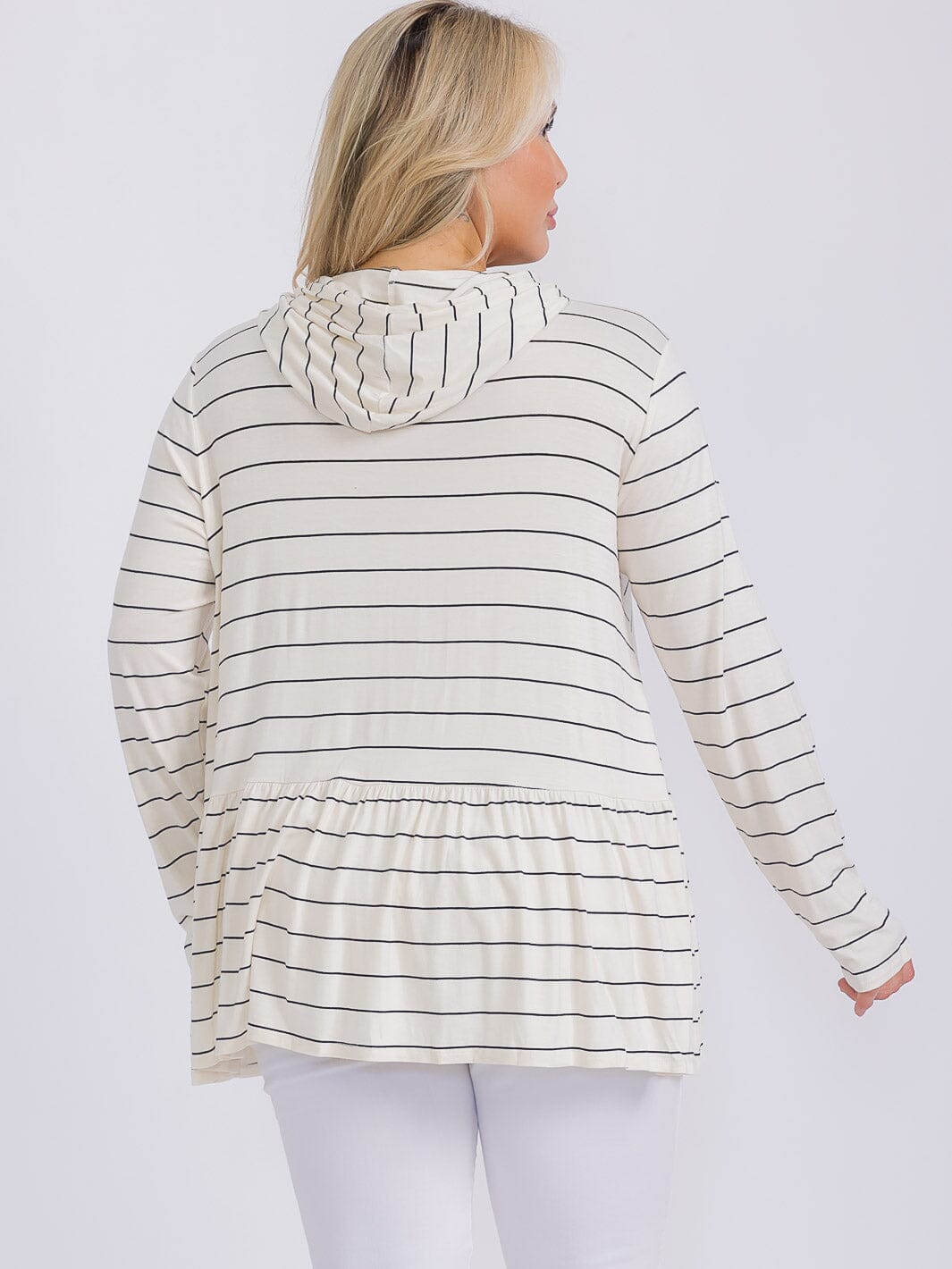 PLUS SIZE LONG SLEEVE HOODED STRIPES PEPLUM TOP