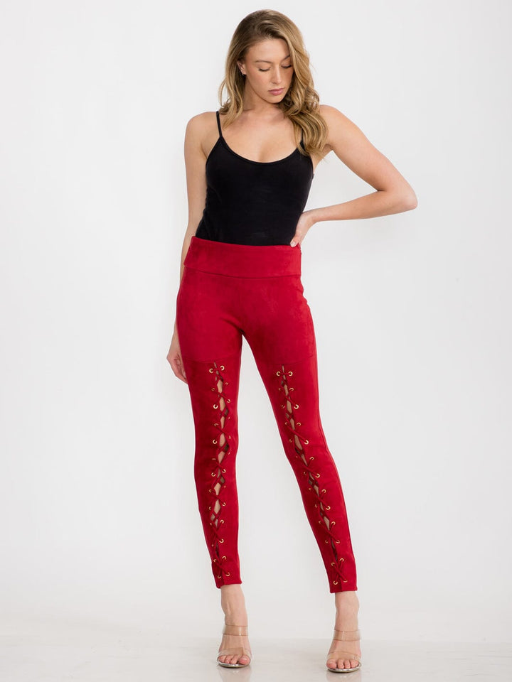 WOMEN'S ZIPPER CLOSURE SKINNY LEG VELVET LACE UP PANTS