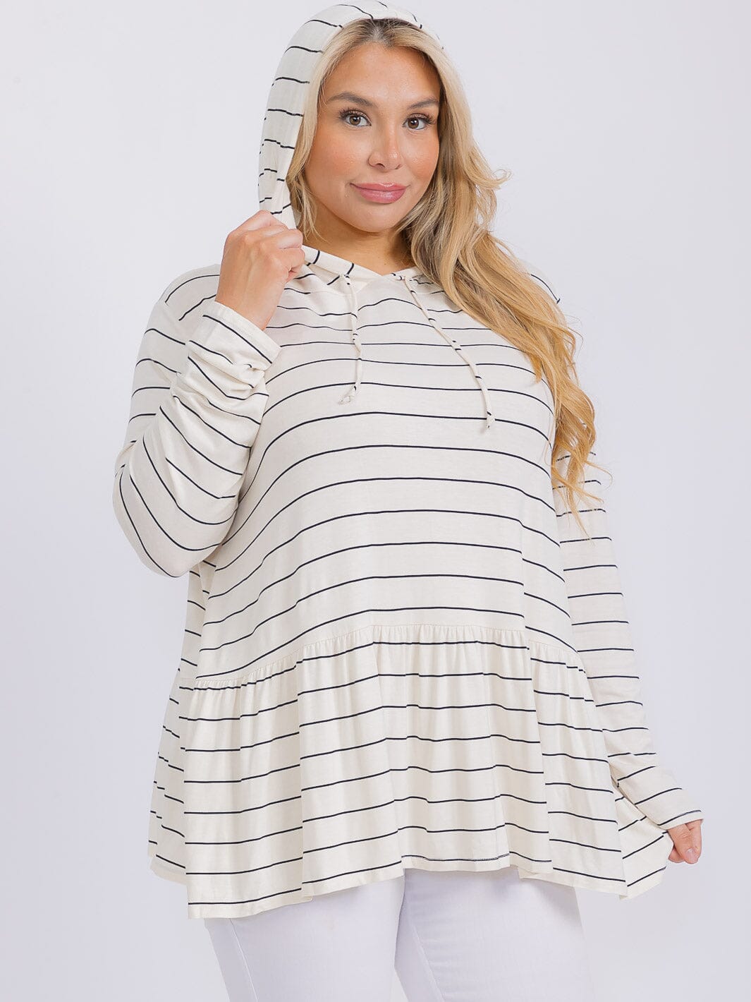 PLUS SIZE LONG SLEEVE HOODED STRIPES PEPLUM TOP