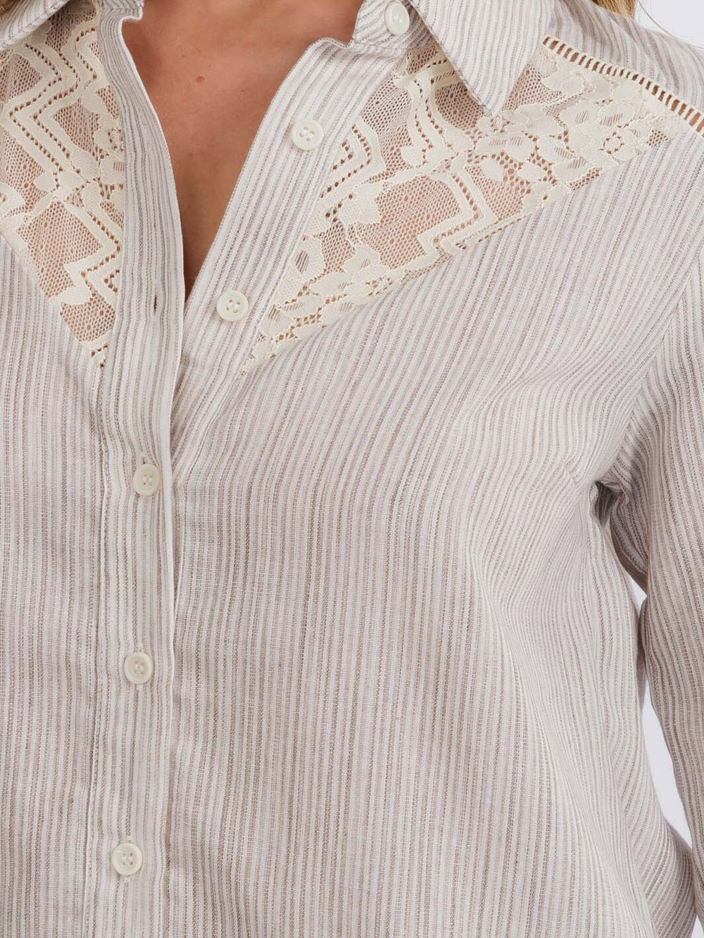 WOMEN'S LONG SLEEVE BUTTON CLOSURE LACE STRIPES BLOUSE