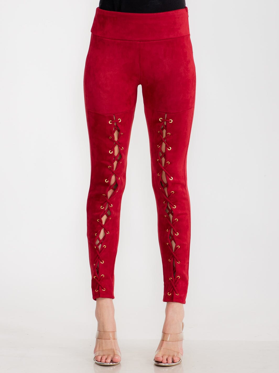 WOMEN'S ZIPPER CLOSURE SKINNY LEG VELVET LACE UP PANTS