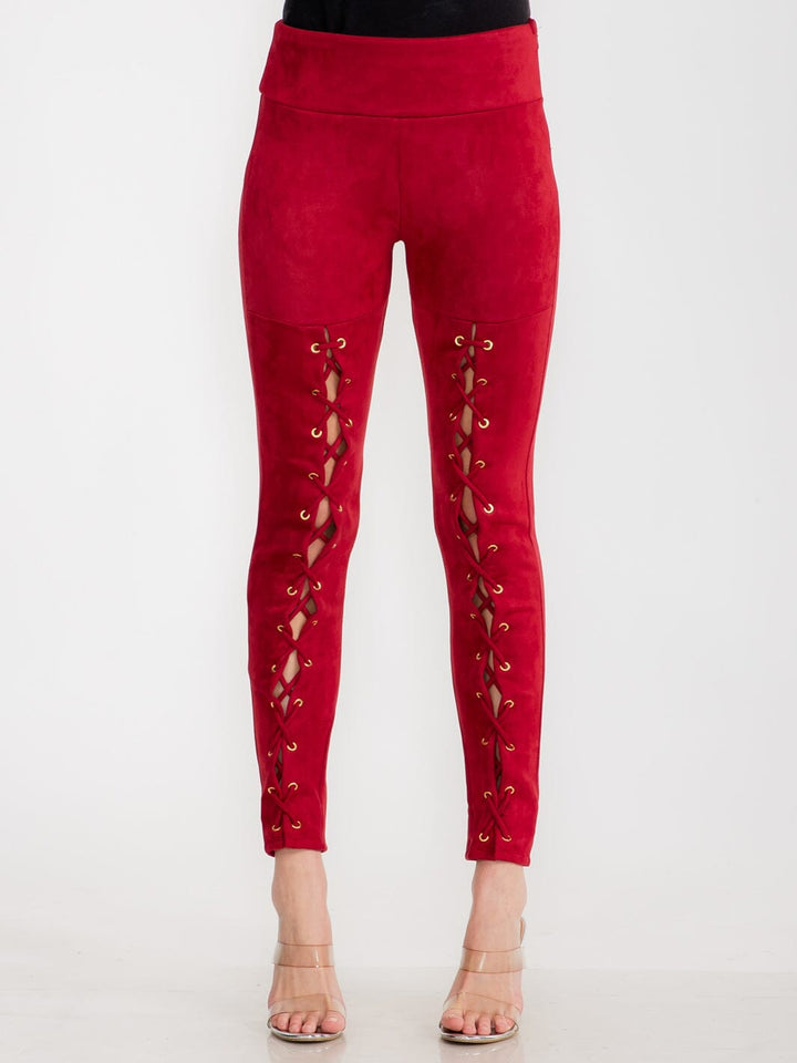 WOMEN'S ZIPPER CLOSURE SKINNY LEG VELVET LACE UP PANTS
